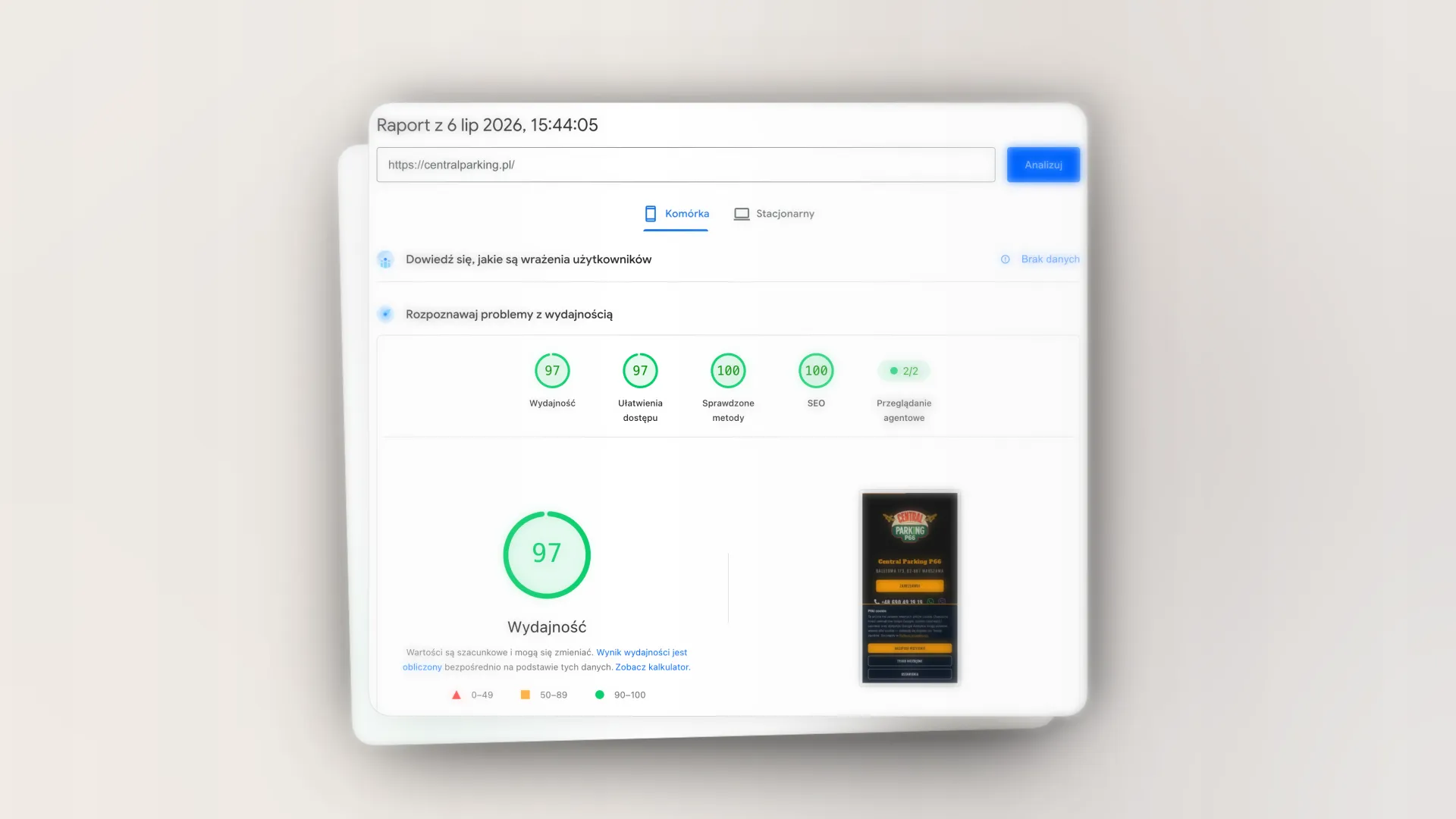 Wynik Google PageSpeed Insights dla centralparking.pl: 97/100