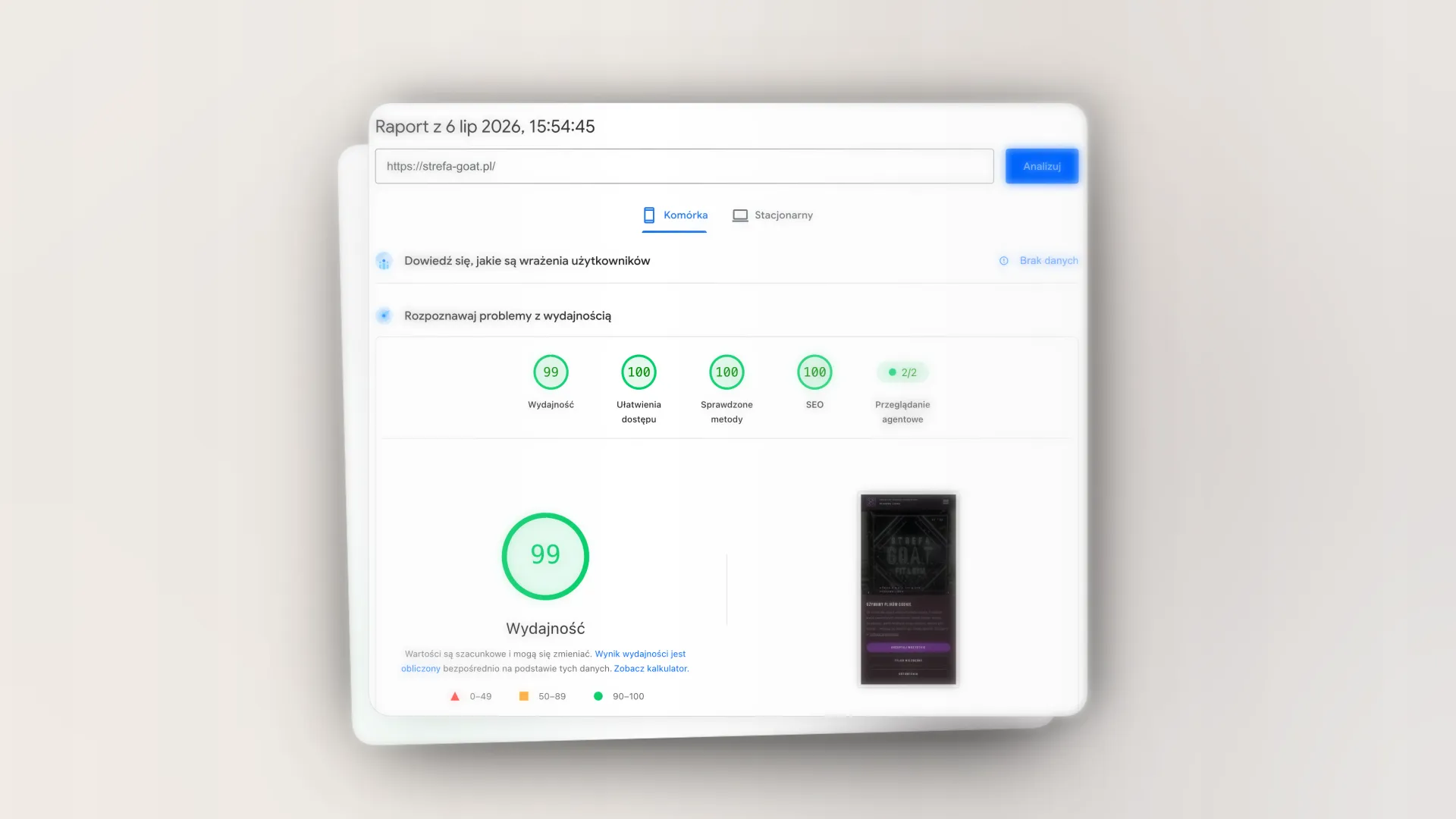 Wynik Google PageSpeed Insights dla strefa-goat.pl: 99/100